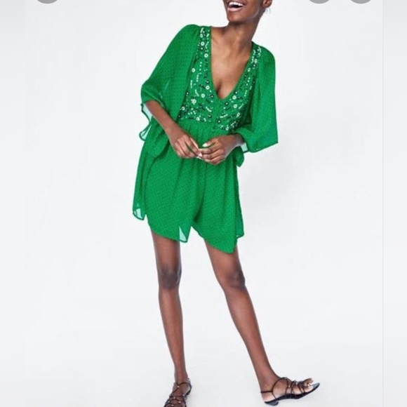 Zara green romper with embroidery - Picture 4 of 8